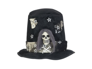 Halloweenský klobouk černý s lebkou, 20cm