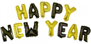 Happy New Year sada fóliových balónků, zlaté a černé 